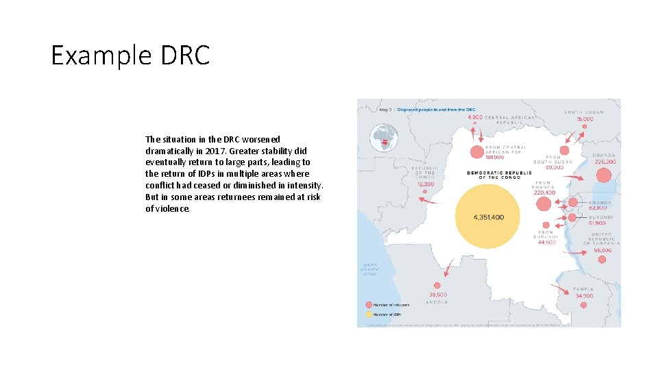 Example DRC The situation in the DRC worsened dramatically in 2017. Greater stability did