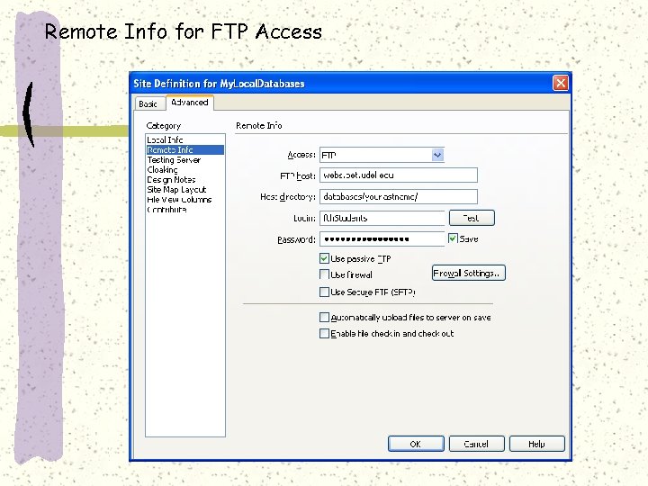Remote Info for FTP Access  Remote Info for FTP Access