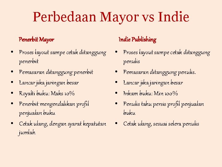Perbedaan Mayor vs Indie Penerbit Mayor • Proses layout sampe cetak ditanggung penerbit •