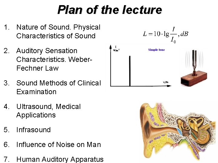 Plan of the lecture 1. Nature of Sound. Physical Characteristics of Sound 2. Auditory