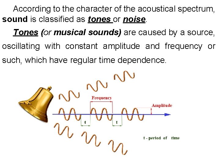 According to the character of the acoustical spectrum, sound is classified as tones or