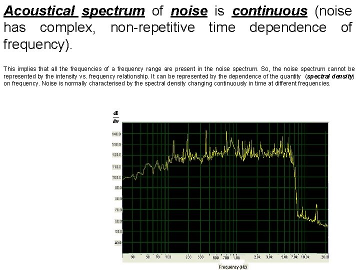 Acoustical spectrum of noise is continuous (noise has complex, non-repetitive time dependence of frequency).