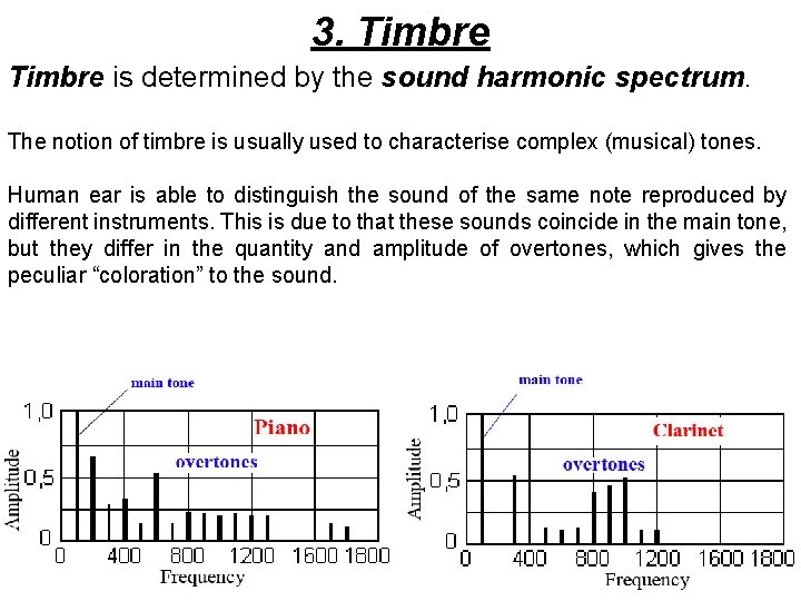 3. Timbre is determined by the sound harmonic spectrum. The notion of timbre is