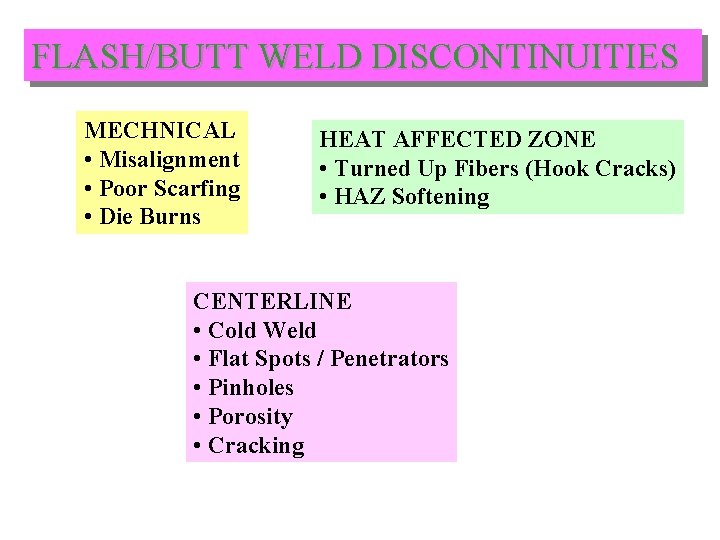 FLASH/BUTT WELD DISCONTINUITIES MECHNICAL • Misalignment • Poor Scarfing • Die Burns HEAT AFFECTED