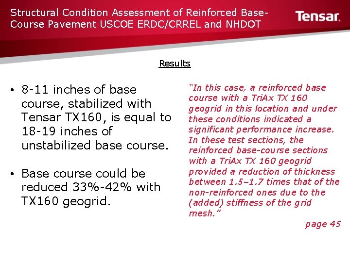 Structural Condition Assessment of Reinforced Base. Course Pavement USCOE ERDC/CRREL and NHDOT Results •