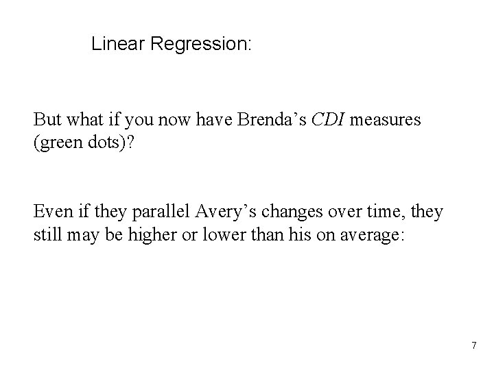 Linear Regression: But what if you now have Brenda’s CDI measures (green dots)? Even