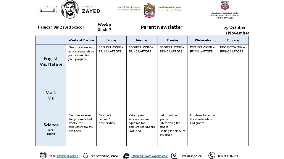 Week 9 Grade 9 Hamdan Bin Zayed School English Ms. Natalie Weekend Practice Sunday