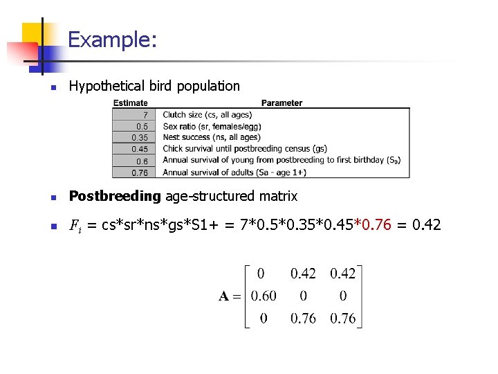 Example: n Hypothetical bird population n Postbreeding age-structured matrix n Fi = cs*sr*ns*gs*S 1+