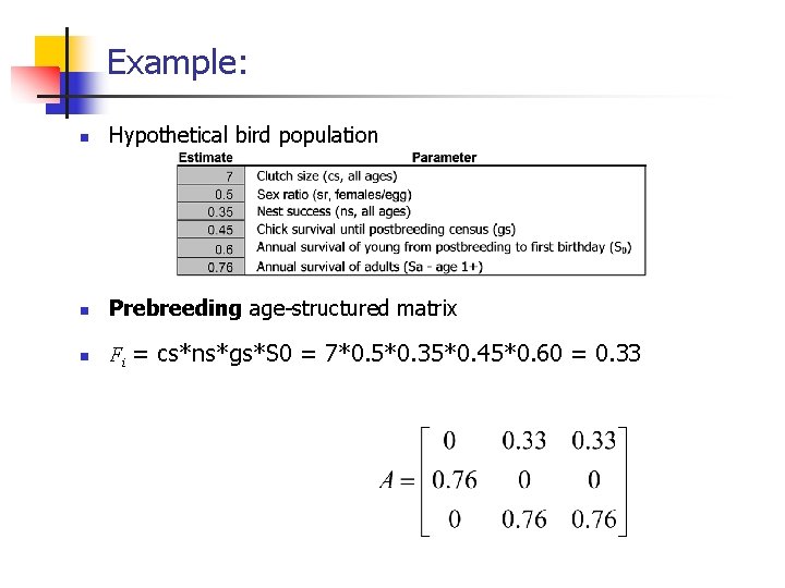 Example: n Hypothetical bird population n Prebreeding age-structured matrix n Fi = cs*ns*gs*S 0