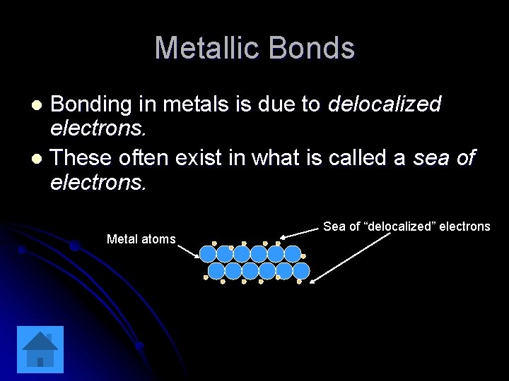 Metallic Bonds Bonding in metals is due to delocalized electrons. l These often exist