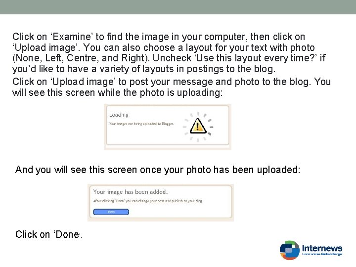Click on ‘Examine’ to find the image in your computer, then click on ‘Upload
