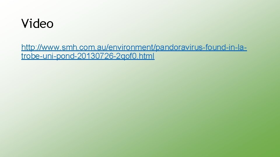 Video http: //www. smh. com. au/environment/pandoravirus-found-in-latrobe-uni-pond-20130726 -2 qof 0. html 