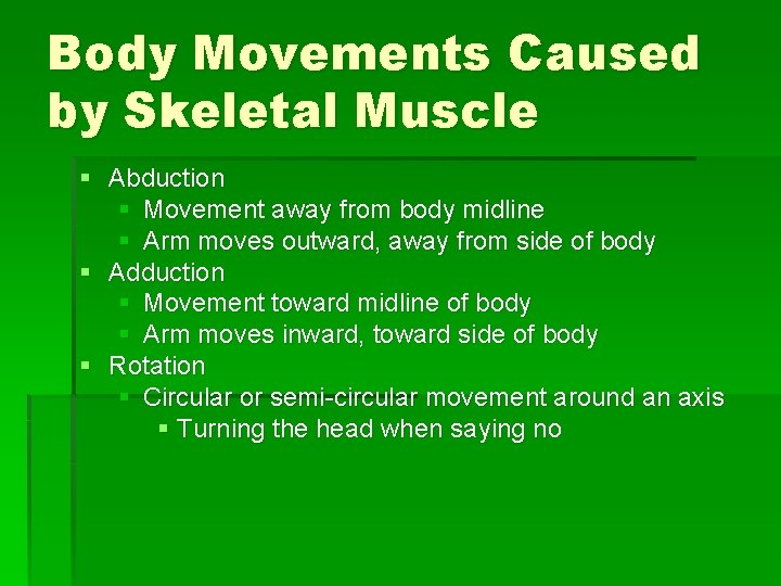 Body Movements Caused by Skeletal Muscle § Abduction § Movement away from body midline