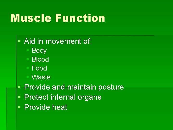 Muscle Function § Aid in movement of: § Body § Blood § Food §