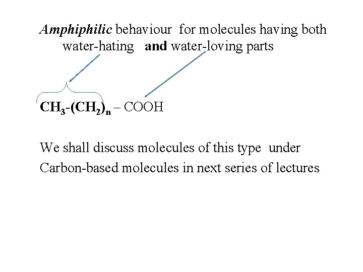 Amphiphilic behaviour for molecules having both water-hating and water-loving parts CH 3 -(CH 2)n