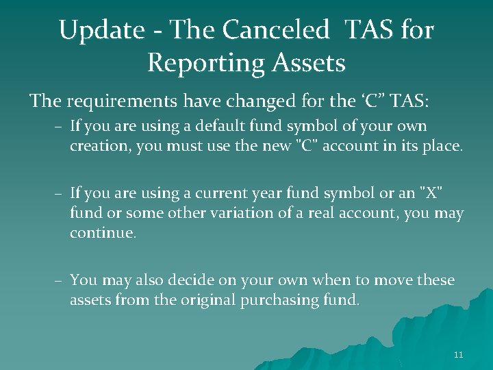 Update - The Canceled TAS for Reporting Assets The requirements have changed for the