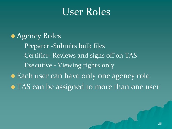 User Roles u Agency Roles Preparer -Submits bulk files Certifier- Reviews and signs off