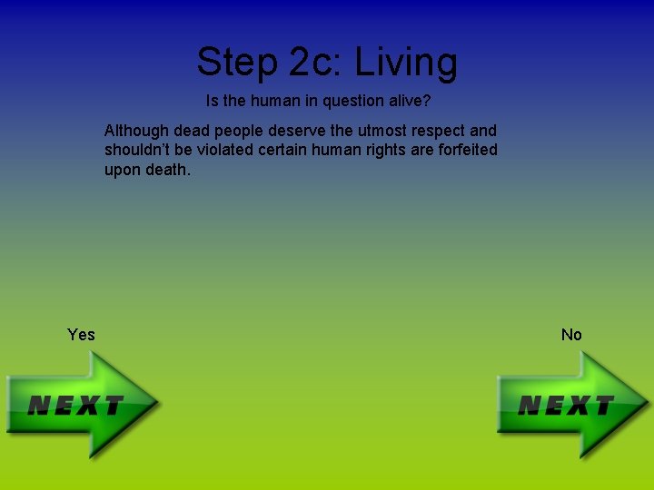 Step 2 c: Living Is the human in question alive? Although dead people deserve