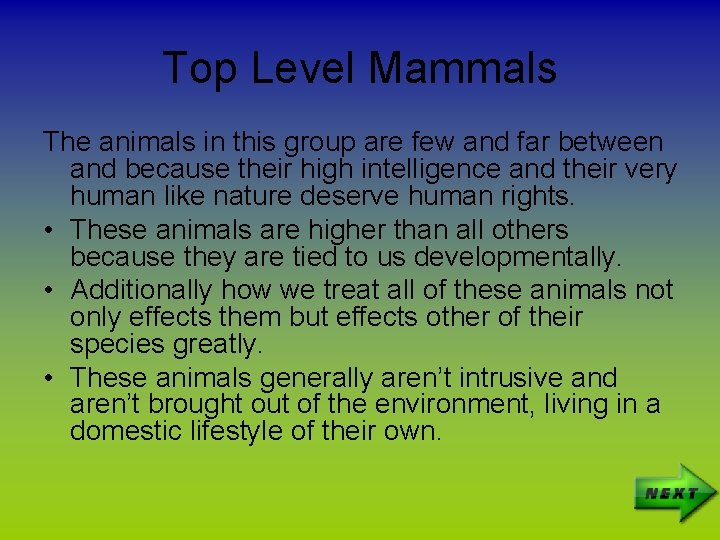 Top Level Mammals The animals in this group are few and far between and