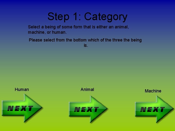 Step 1: Category Select a being of some form that is either an animal,