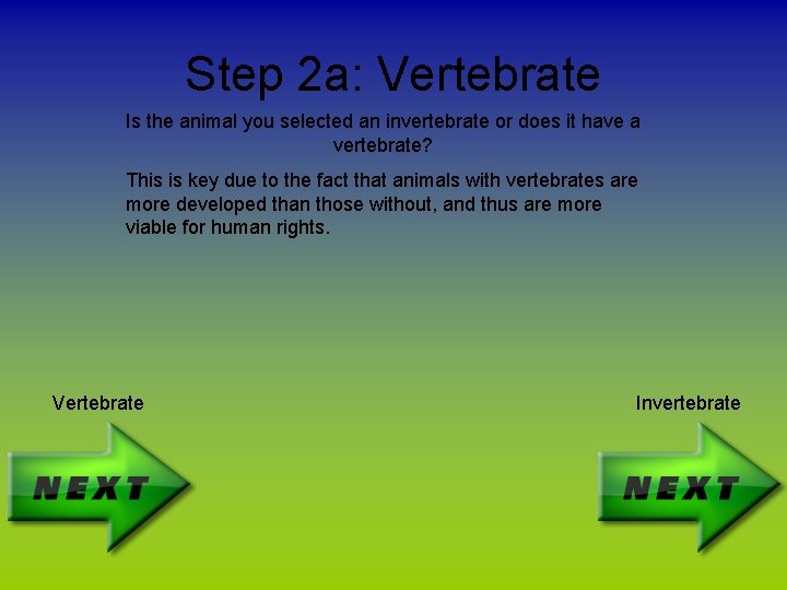 Step 2 a: Vertebrate Is the animal you selected an invertebrate or does it