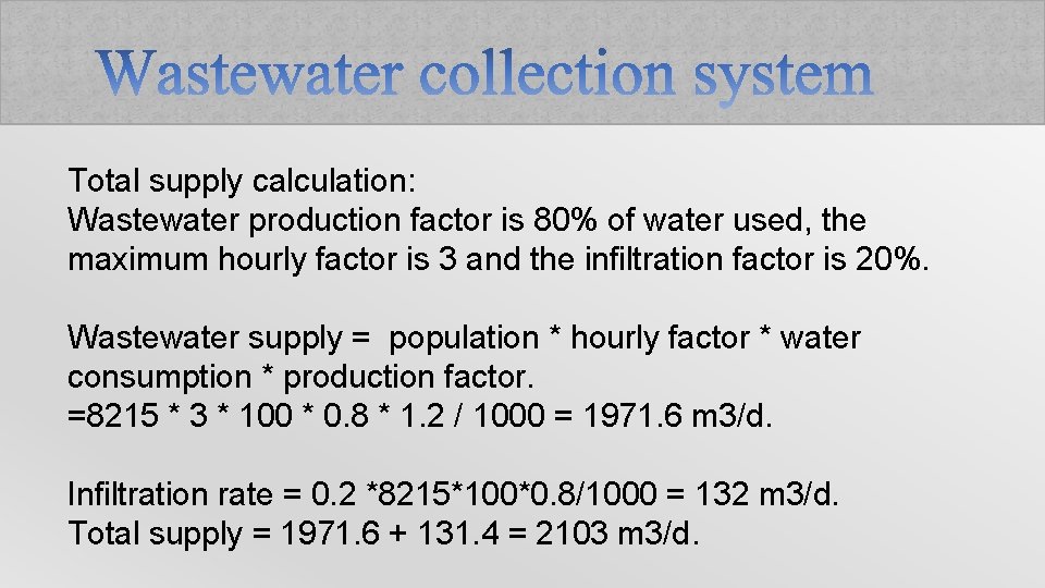 Total supply calculation: Wastewater production factor is 80% of water used, the maximum hourly