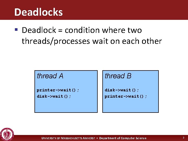 Deadlocks § Deadlock = condition where two threads/processes wait on each other thread A