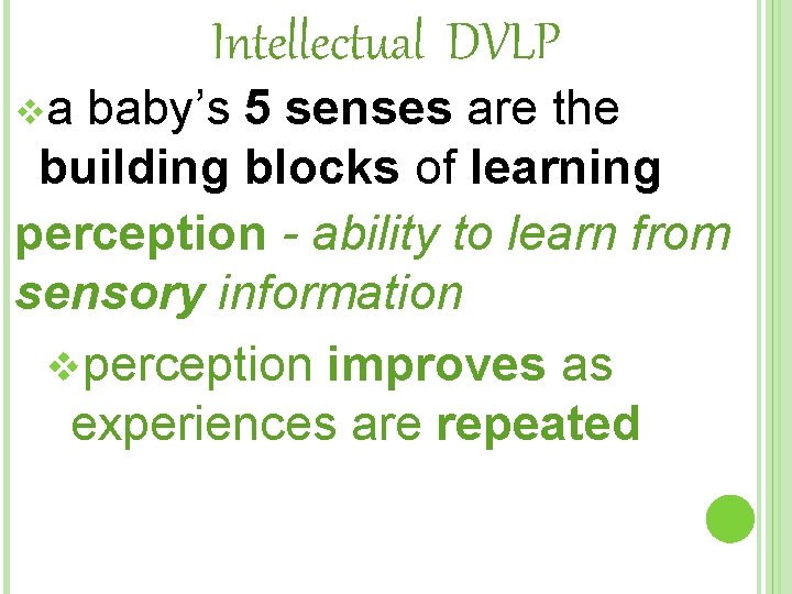 Intellectual DVLP va baby’s 5 senses are the building blocks of learning perception -