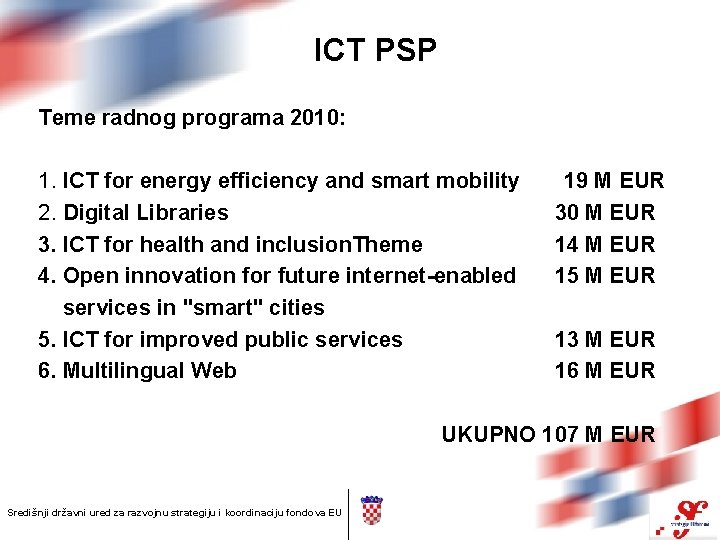 ICT PSP Teme radnog programa 2010: 1. ICT for energy efficiency and smart mobility