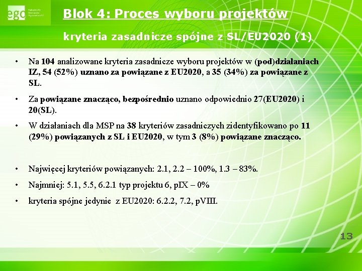 Blok 4: Proces wyboru projektów kryteria zasadnicze spójne z SL/EU 2020 (1) • Na