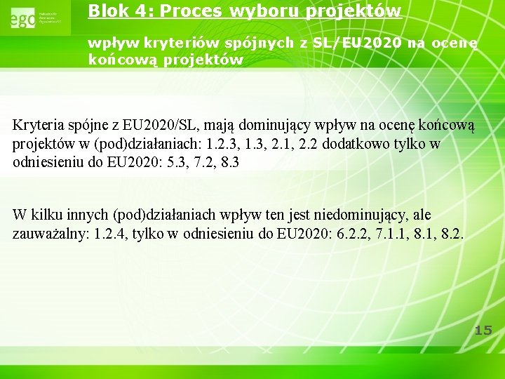 Blok 4: Proces wyboru projektów wpływ kryteriów spójnych z SL/EU 2020 na ocenę końcową