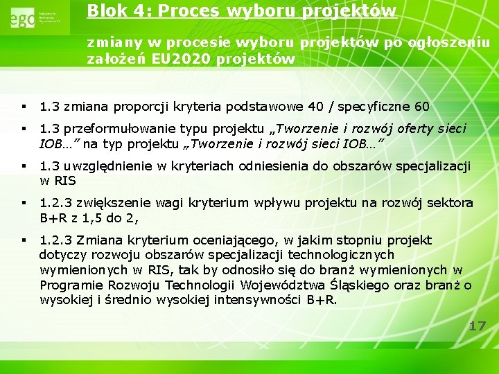 Blok 4: Proces wyboru projektów zmiany w procesie wyboru projektów po ogłoszeniu założeń EU