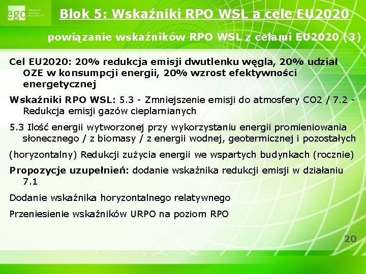 Blok 5: Wskaźniki RPO WSL a cele EU 2020 powiązanie wskaźników RPO WSL z