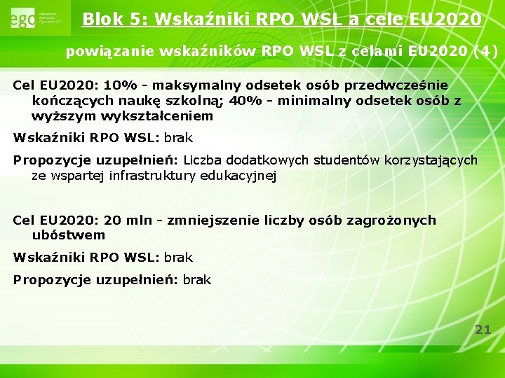 Blok 5: Wskaźniki RPO WSL a cele EU 2020 powiązanie wskaźników RPO WSL z