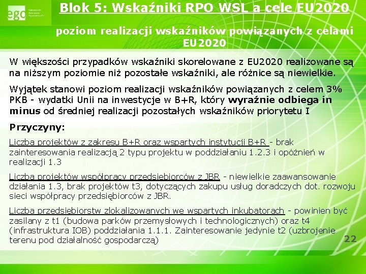 Blok 5: Wskaźniki RPO WSL a cele EU 2020 poziom realizacji wskaźników powiązanych z