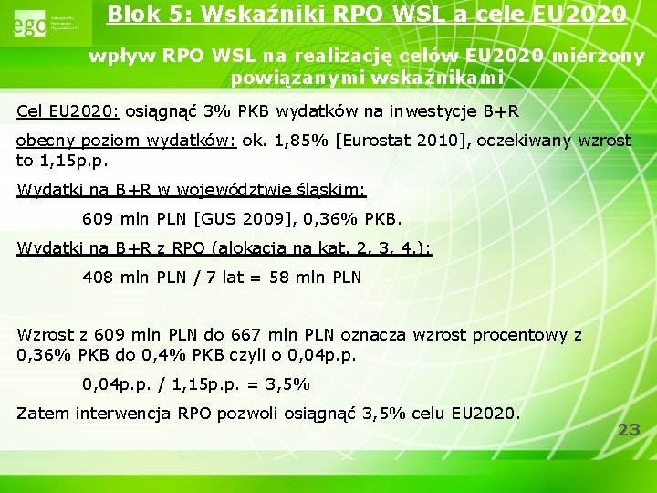 Blok 5: Wskaźniki RPO WSL a cele EU 2020 wpływ RPO WSL na realizację