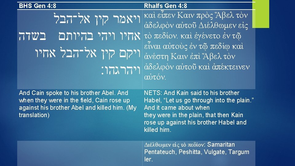 BHS Gen 4: 8 Rhalfs Gen 4: 8 ויאמר קין אל־הבל אחיו ויהי בהיותם