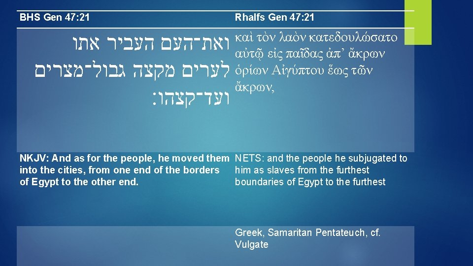 BHS Gen 47: 21 ואת־העם העביר אתו לערים מקצה גבול־מצרים ועד־קצהו׃ Rhalfs Gen 47: