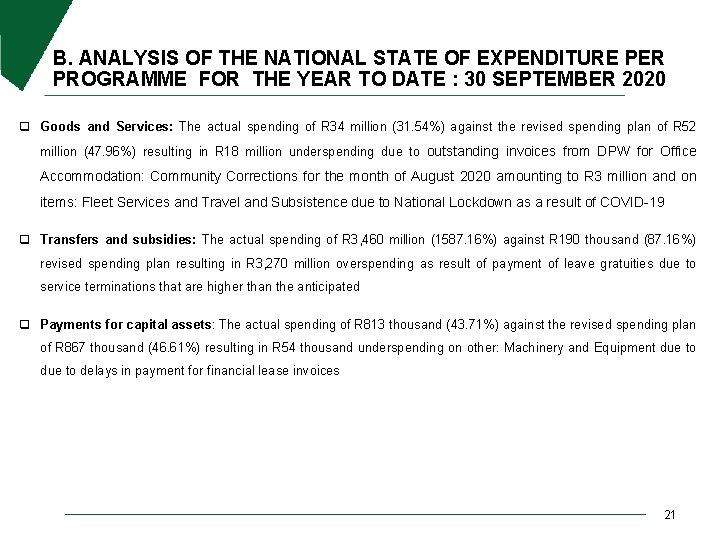 B. ANALYSIS OF THE NATIONAL STATE OF EXPENDITURE PER PROGRAMME FOR THE YEAR TO