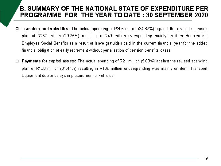 B. SUMMARY OF THE NATIONAL STATE OF EXPENDITURE PER PROGRAMME FOR THE YEAR TO