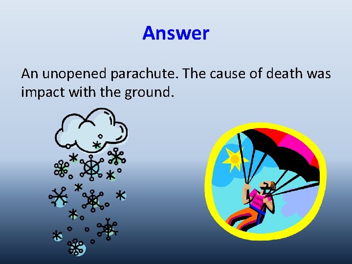Answer An unopened parachute. The cause of death was impact with the ground. 