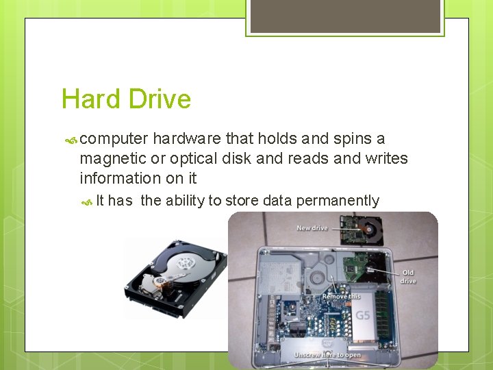 Hard Drive computer hardware that holds and spins a magnetic or optical disk and Hard Drive computer hardware that holds and spins a magnetic or optical disk and