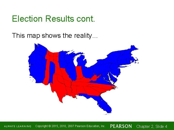 Election Results cont. This map shows the reality… Copyright © 2015, 2010, 2007 Pearson