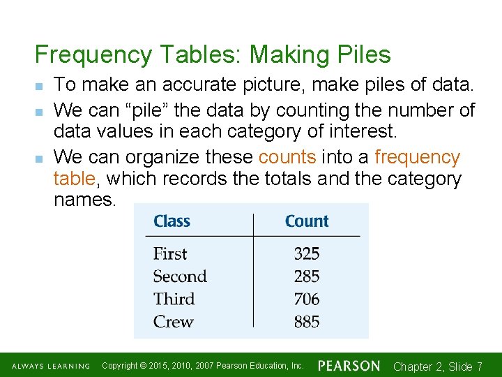 Frequency Tables: Making Piles n n n To make an accurate picture, make piles