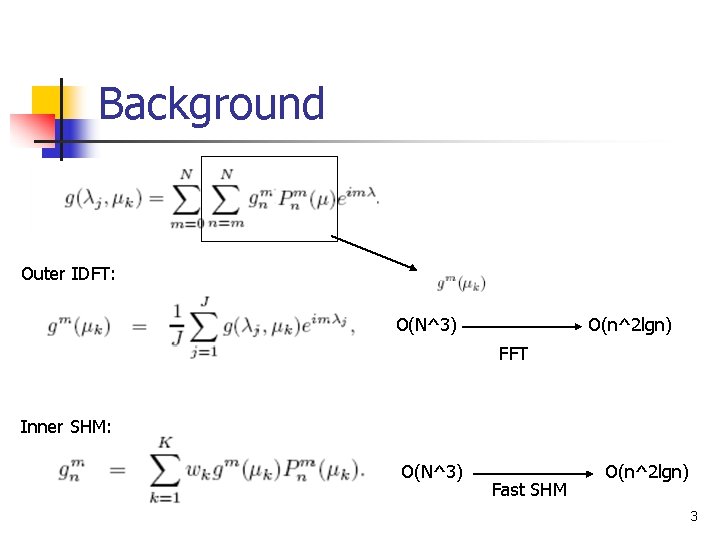 Background Outer IDFT: O(N^3) O(n^2 lgn) FFT Inner SHM: O(N^3) Fast SHM O(n^2 lgn)