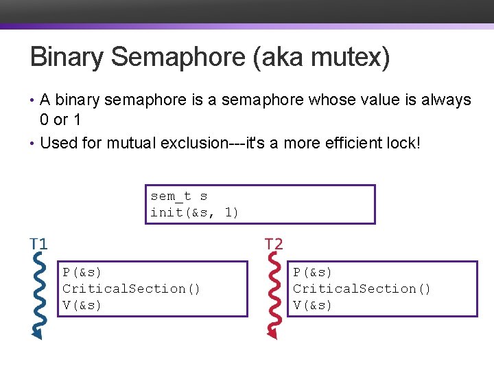 Binary Semaphore (aka mutex) • A binary semaphore is a semaphore whose value is