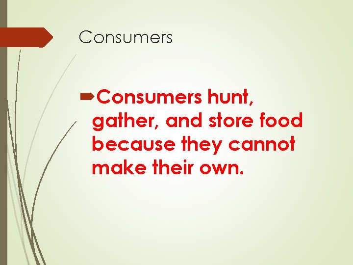Consumers hunt, gather, and store food because they cannot make their own. 