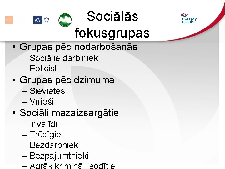 Sociālās fokusgrupas • Grupas pēc nodarbošanās – Sociālie darbinieki – Policisti • Grupas pēc