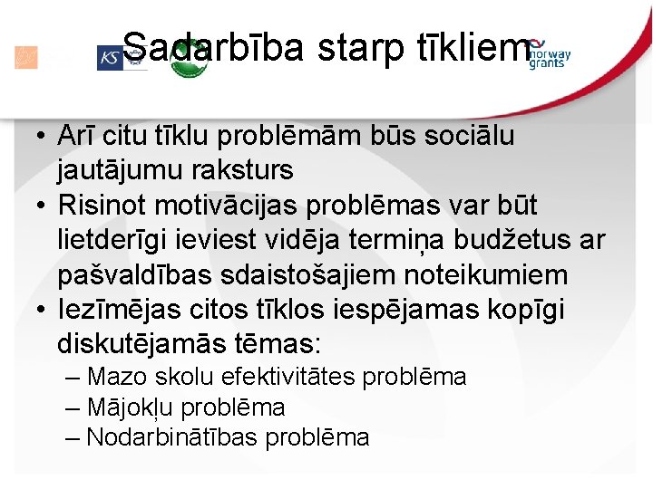 Sadarbība starp tīkliem • Arī citu tīklu problēmām būs sociālu jautājumu raksturs • Risinot