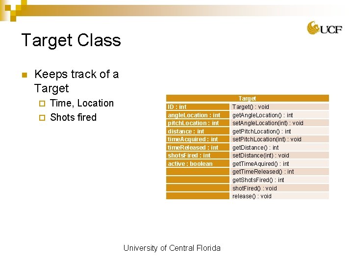 Target Class n Keeps track of a Target Time, Location ¨ Shots fired ¨